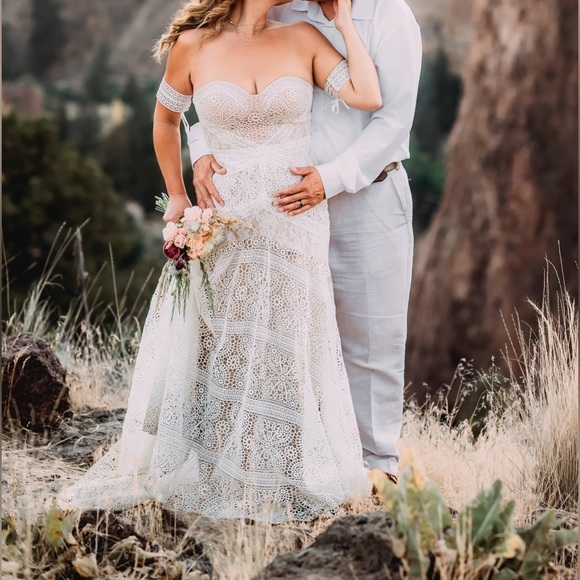 LIPOSA Bohemian Wedding Dress Sweetheart Mermaid Lace Bridal Gown - Picture 3 of 17